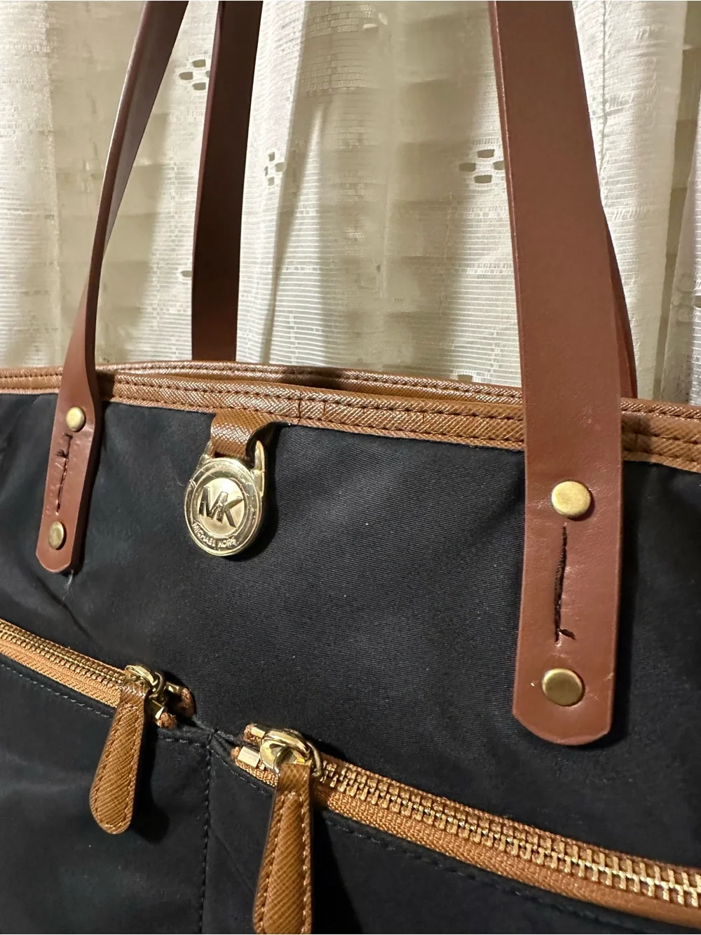 Michael Kors Black Nylon Tote with Brown Leather Trim and Gold Hardware